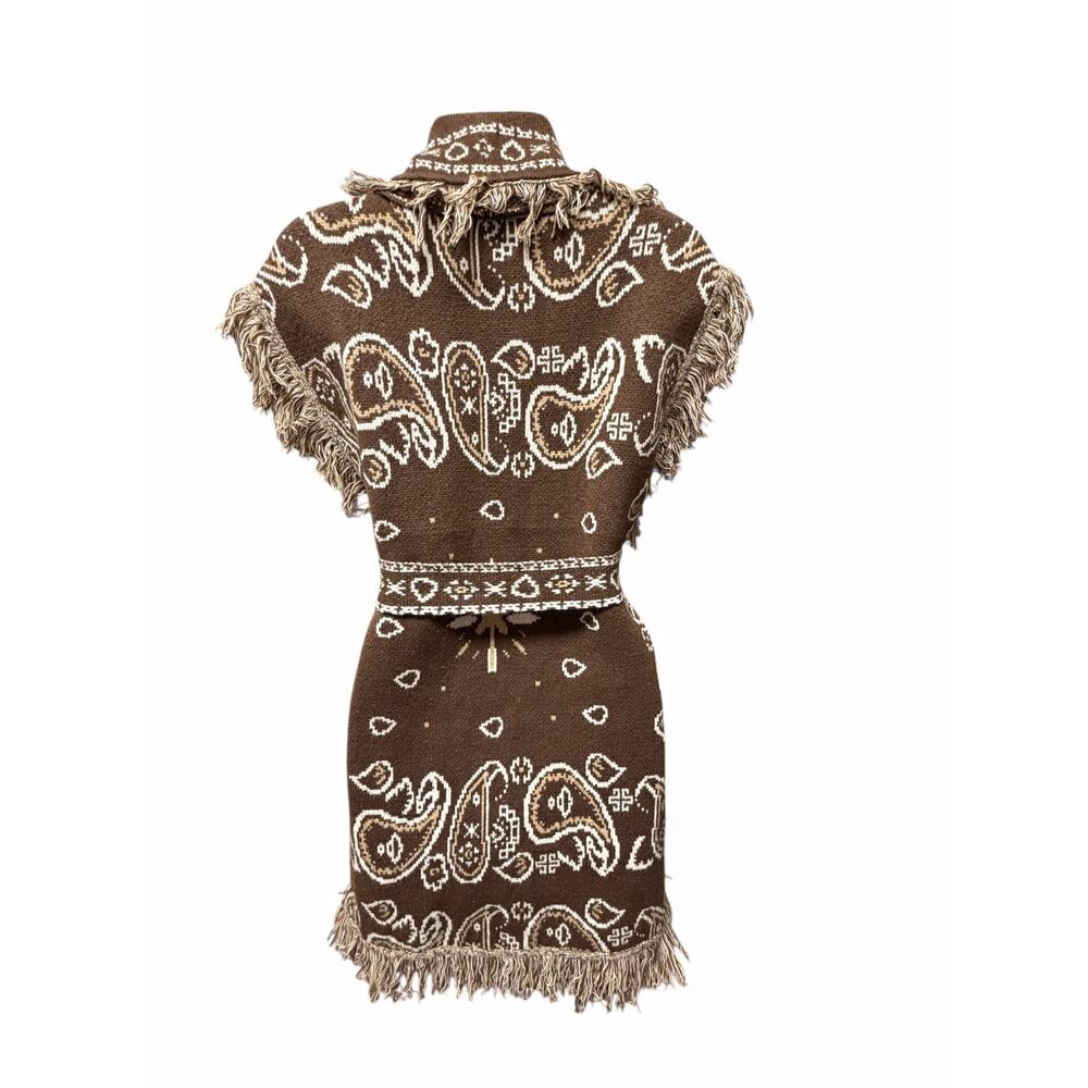 Orlinn Paris Brown Paisley Knit Fringe Belted Boho Western Vest NWT M - Picture 6 of 9